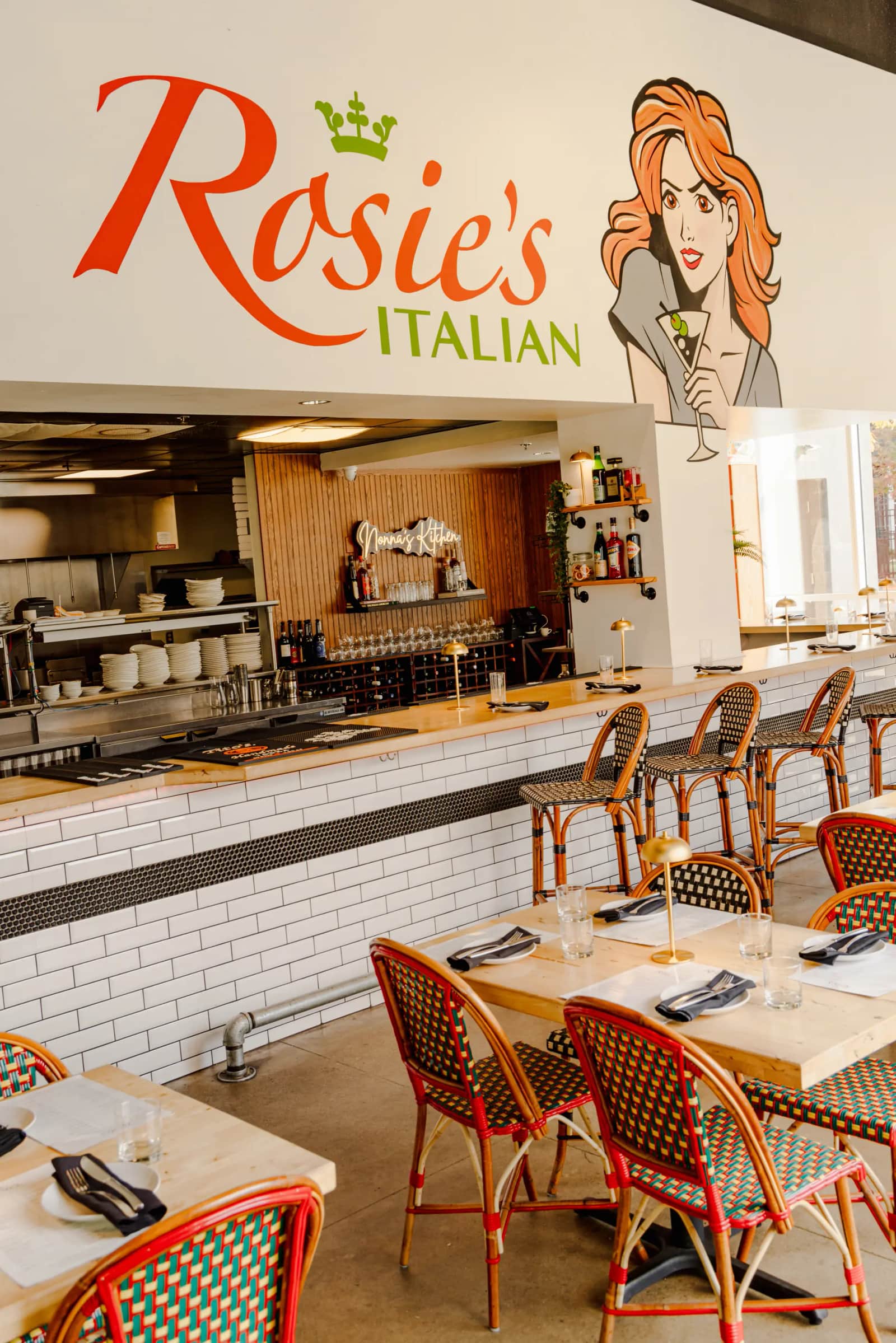 The Rosie's Italian mural above the open kitchen in the Cincinnati dining room